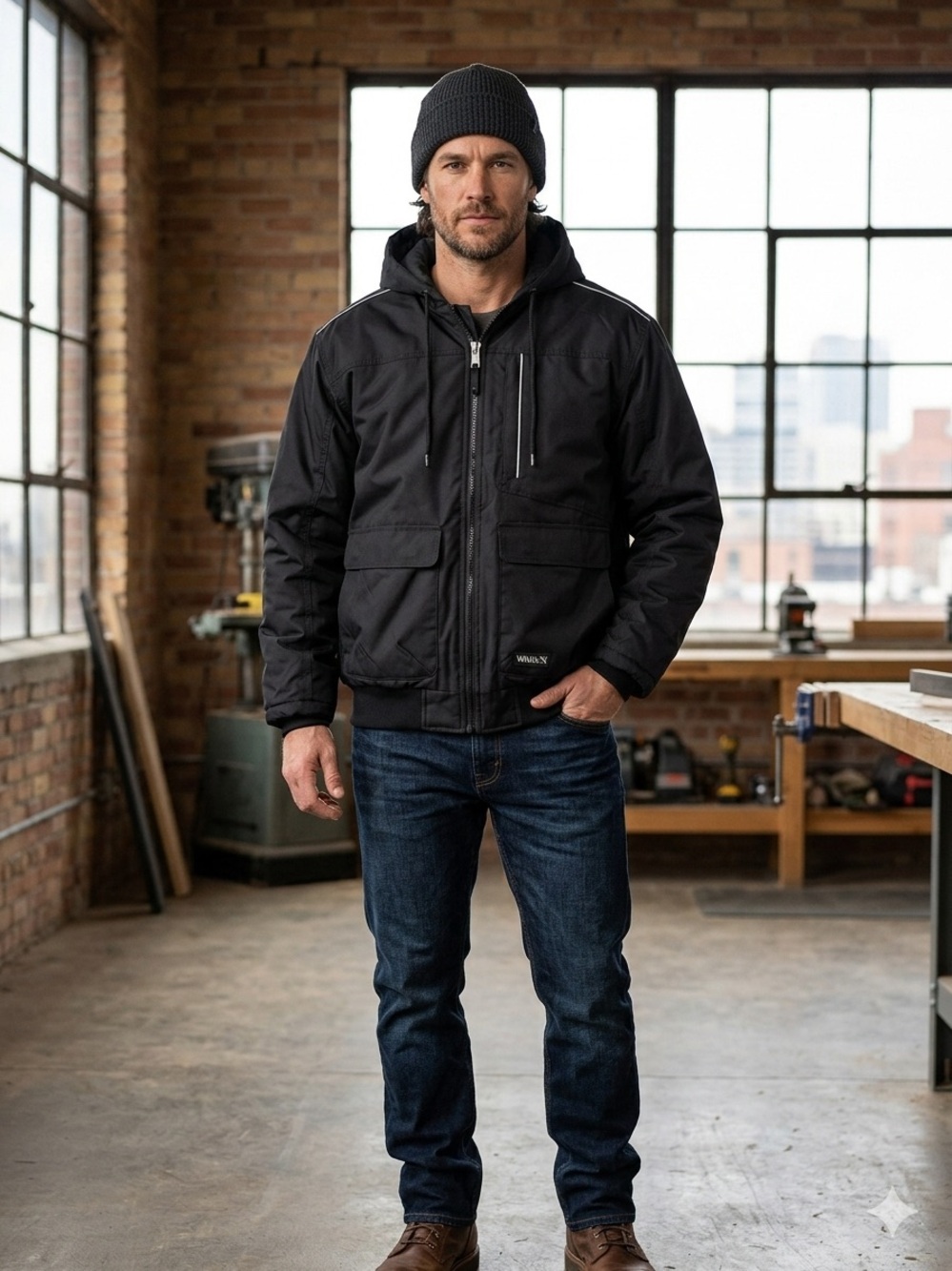 Men’s Walls Workwear Black Hooded Utility Jacket